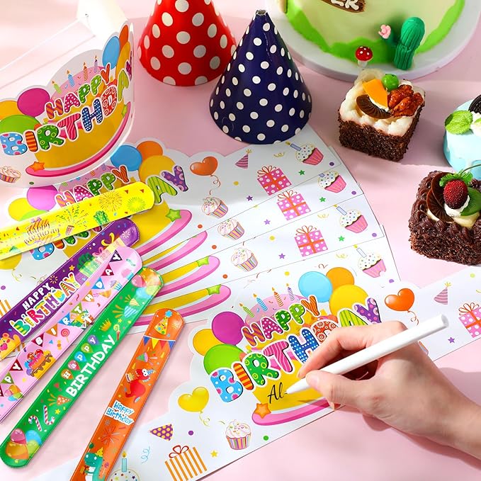 Yunsailing 108 Pcs Happy Birthday Party Supplies for Kids Include 36 Birthday Paper Crowns 36 Badge Stickers and Slap Bracelets for Classroom School Party Supply(Cute Style)
