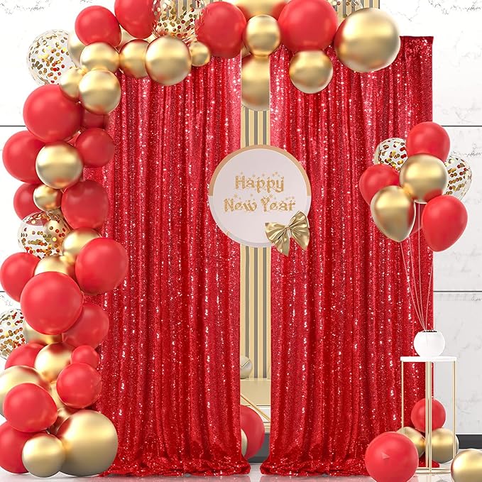 Red Sequin Backdrop 4 Panels 2FTx8FT Christmas Party Backdrop Curtains Photo Background Drapes Glitter Birthday Bridal Backdrop Drapes