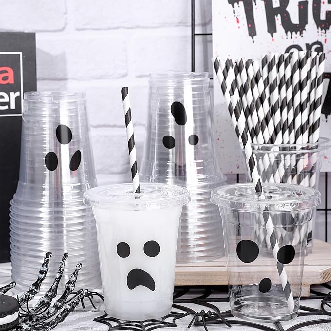 Whaline 60Pcs 12Oz Halloween Disposable Plastic Cups with Lids and Straws Black Spooky Ghost Cold Beverage Drinking Cups for Trick or Treat Birthday Party Supplies