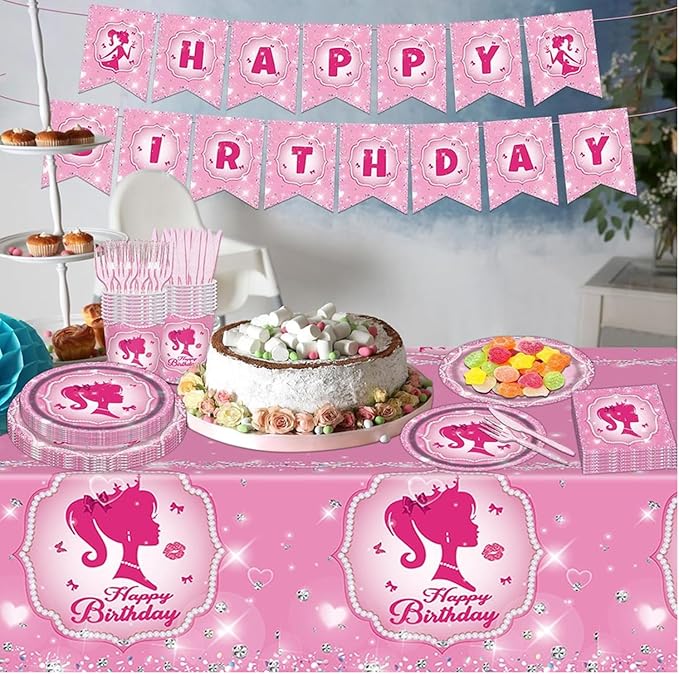 194 Pcs Pink Princess Party Supplies Kit for 24 Guests - Disposable Tableware Set with Plates Napkins Cups Cutlery Tablecloth & Banner, Ideal for Girls' Birthday Decorations