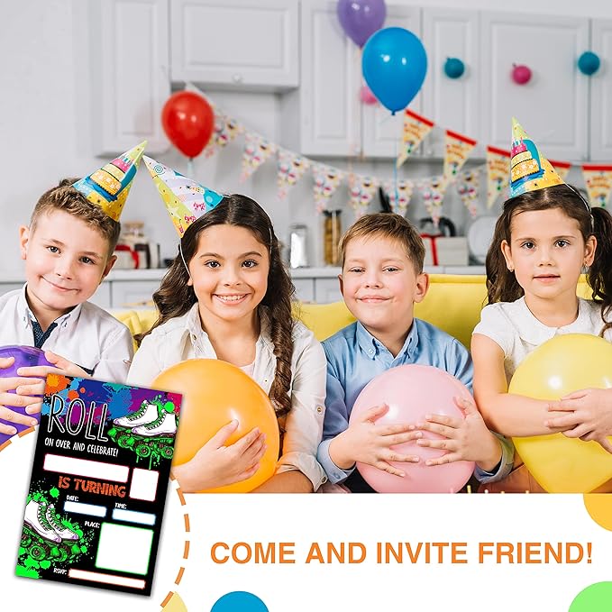 DETIHO 4" x 6" Glow Roller Skating Birthday Party Invitation Cards With Envelopes - Roll On Over And Celebrate - Neon Glow in the Dark Skate Party Invitation - 20 Sets - E20