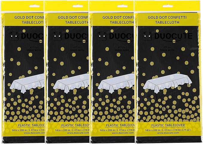 108"x54" 4 Packs Black and Gold Disposable Party Tablecloth for Rectangle Table, Gold Stamping Dot Confetti Rectangular Plastic Table Cover, for Graduation, Birthday, New Year Eve 2026