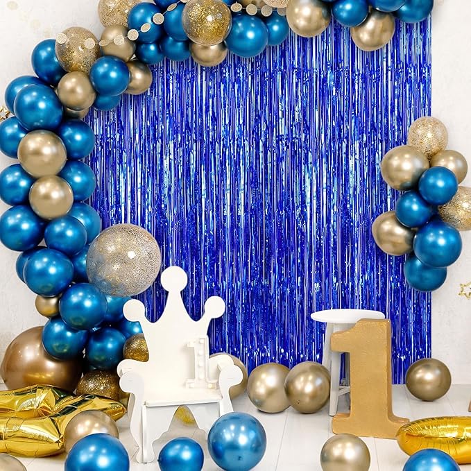 2 Pack Fringe Curtains Backdrops, Foil Fringe Curtains, Door Streamers for Birthday Wedding Bridal Shower Holiday Graduation Party Decorations, Photo Booth Backdrops, Blue