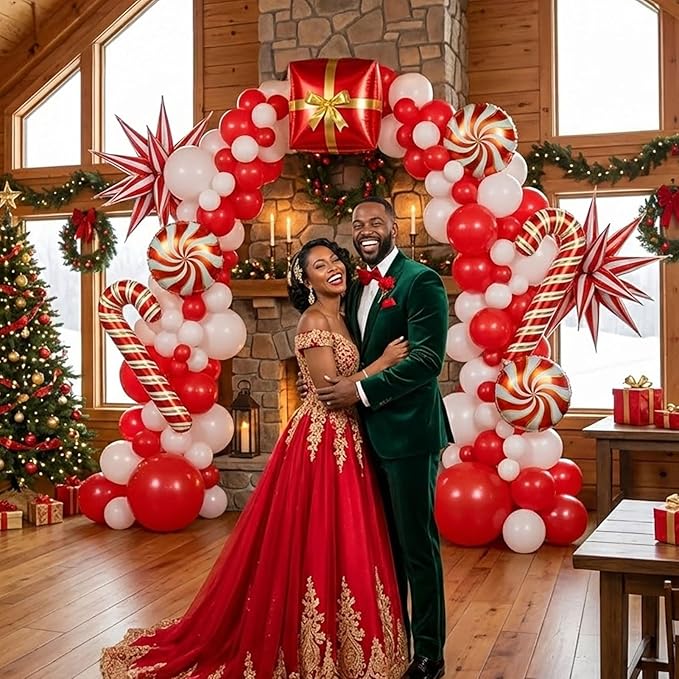 Christmas Party Decorations with Red and White Balloon Arch Kit & Star Candy Canes Lollipops Gift Boxe Foil Balloons for xmas Friendsmas New Year's Eve Party Decorations