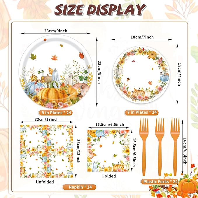 96 Pieces Thanksgiving Fall Plates and Napkins Tableware Set, Colorful Pumpkin Maple Disposable Dinnerware with Paper Plates, Napkin, and Fork for Thanksgiving Autumn Harvest Party Supplies- Serves 24