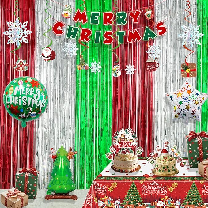 Christmas Party Decorations Set, Merry Christmas Banner, Multicolor Fringe Curtains, Xmas Tree Deer Tablecloth, Santa Cake Topper, Foil Balloons, Snowman Hanging Snowflakes Swirls
