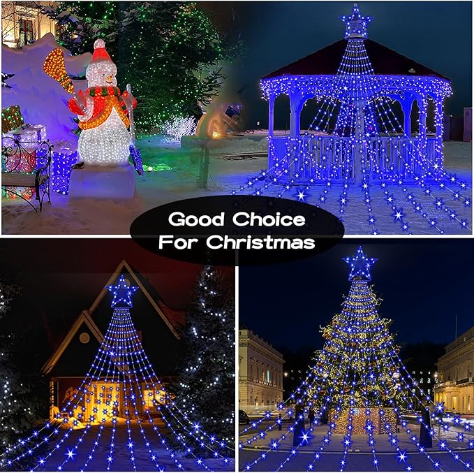 Onory Christmas Outdoor Star String Lights 23FT 860 LED Waterproof Waterfall Tree Lights with Star Topper, 8 Modes Christmas Decorations Outdoor Tree Lights for Patio, Yard, Party Holiday Dec
