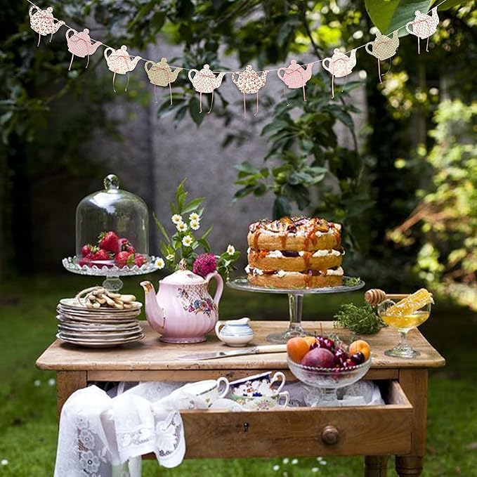 Tea Party Decoration Banner Vintage Garden Teapot Decor, Floral and Gingham Pattern Tea Cup Banner,Tea Party Supplies for Girls, Princesses, Parties, Bridal Showers, Birthday Decor