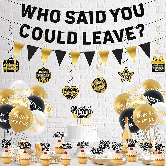 Roetyce Farewell Party Decorations, Who Said You Could Leave Banner Cake Toppers Balloons Hanging Swirls, Going Away Retirement Leaving Party Decorations for Men Women, Coworker Goodbye Party Supplies