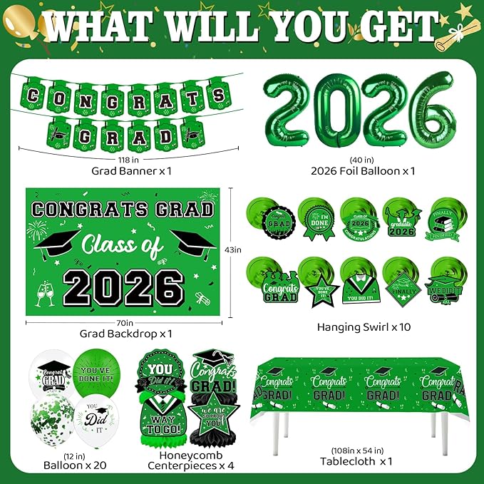 Graduation Decorations 2026, Class of 2026 Backdrop, Banner, 2026 Foil Balloons, Tablecloth, Hanging Swirls, Honeycomb Centerpieces, Party Supplies Decorations Set for College (GREEN)