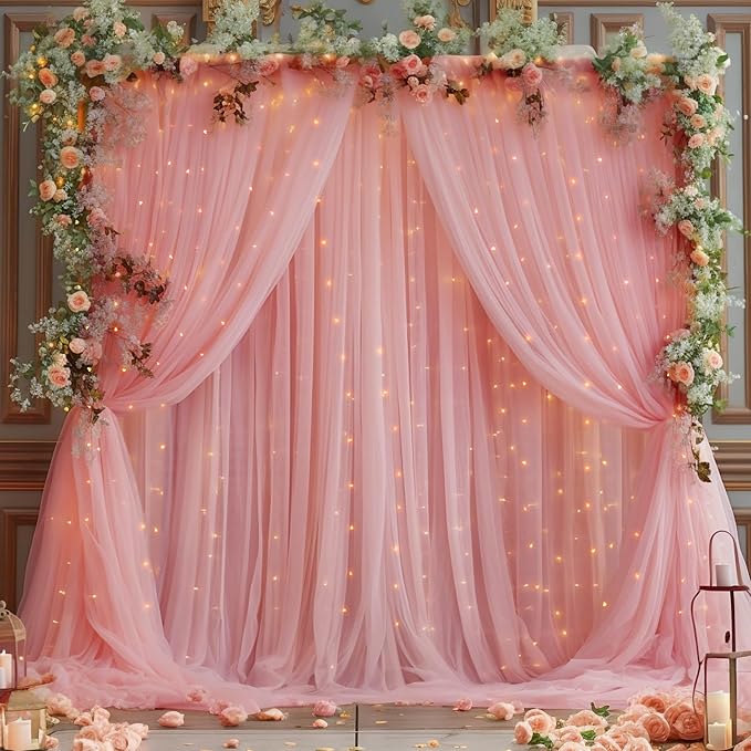 10x10ft Dusty Rose Tulle Backdrop Curtain with Lights String for Parites, Sheer Photo Backdrop Drapes for Wedding Baby Shower Bridal Shower Birthday Party Photo Shoot Background Decorations