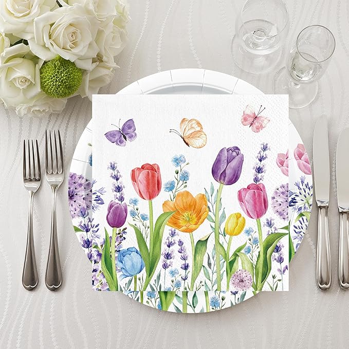 40Pcs Tulip Plates and Napkins Party Supplies, Disposable Spring Floral Plates Napkins Tableware Set for Picnic Wedding Baby Shower Bridal Shower Birthday Tea Party Decorations (Tulip)