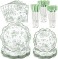 175 Pcs Sage Green Floral Plates and Napkins 25 Guest Scalloped Toile Chinoiserie Party Supplies Includes Floral Plates Napkins Cups Plastic Cutlery for Wedding, Bridal&Baby Shower, Tea Party