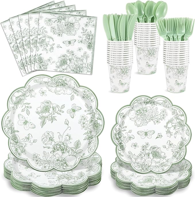 175 Pcs Sage Green Floral Plates and Napkins 25 Guest Scalloped Toile Chinoiserie Party Supplies Includes Floral Plates Napkins Cups Plastic Cutlery for Wedding, Bridal&Baby Shower, Tea Party