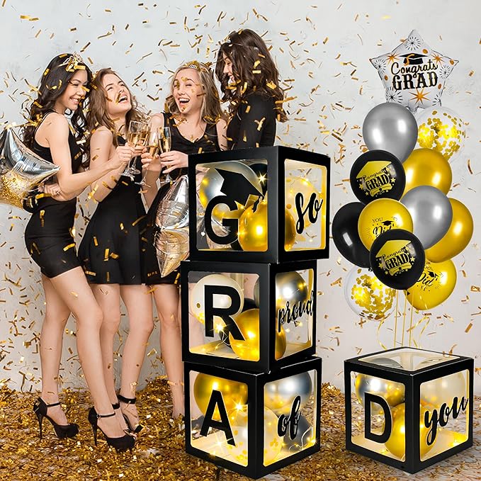 AYGXU Graduation Decorations 2026-Graduation Party Decorations,Graduation Balloons Boxes(4PCS) with LED Light Strings & Letters 2026 GRAD So Proud of You,Party Favors For Any Grades Class.
