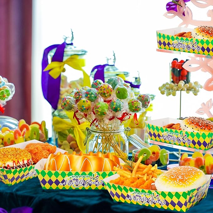 100 PCS Mardi Gras Decorations, 5.94" Plaid Stripe Snack Trays, Purple Gold Design Hot Dog Trays Mardi Gras Paper Trays for Food, Fat Tuesday Table Decorations Masquerade Party Decorations