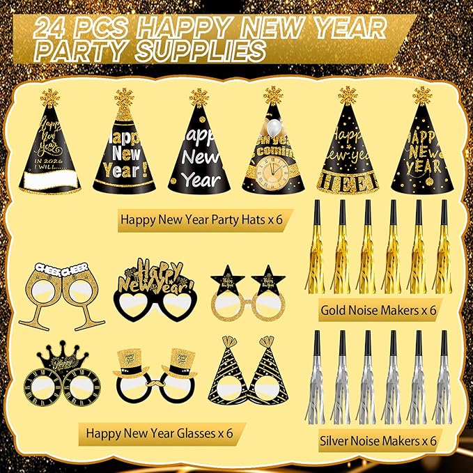 Openfly 24Pcs New Years Eve Party Supplies 2026 Happy New Years Party Headband Hats New Year Glasses New Year Noise Makers
