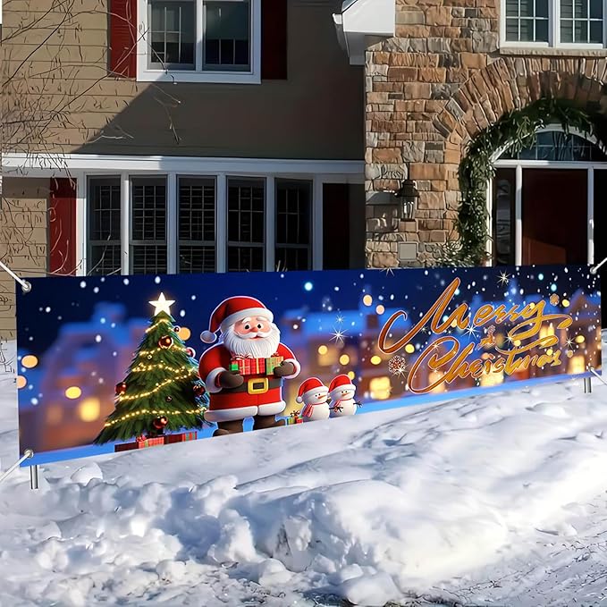 Merry Christmas Banner Santa Claus Christmas Decorations for Home 79x18 Inch Large Outdoor Xmas Backdrop with Snowman Tree Lights for Holiday Party Wall Yard Fence Indoor Decor