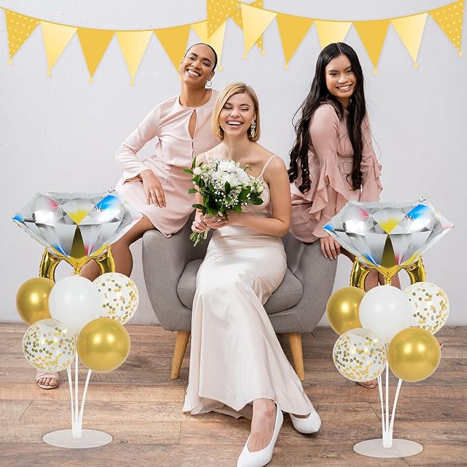 Engagement Party Balloons Stand Kit 2 Sets With 2 Diamond Ring Foil Balloons White Gold Confetti Balloon Centerpiece for Tables for Wedding Bridal Shower Marriage Bachelorette Party Decorations