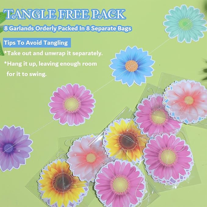 Capoda 8 Packs Spring Party Decorations Sun Flowers Banners for Classroom Colorful Sunflower Garland Decor for Women Flower Themed Birthday Party Spring Summer Decorations Classroom Supplies