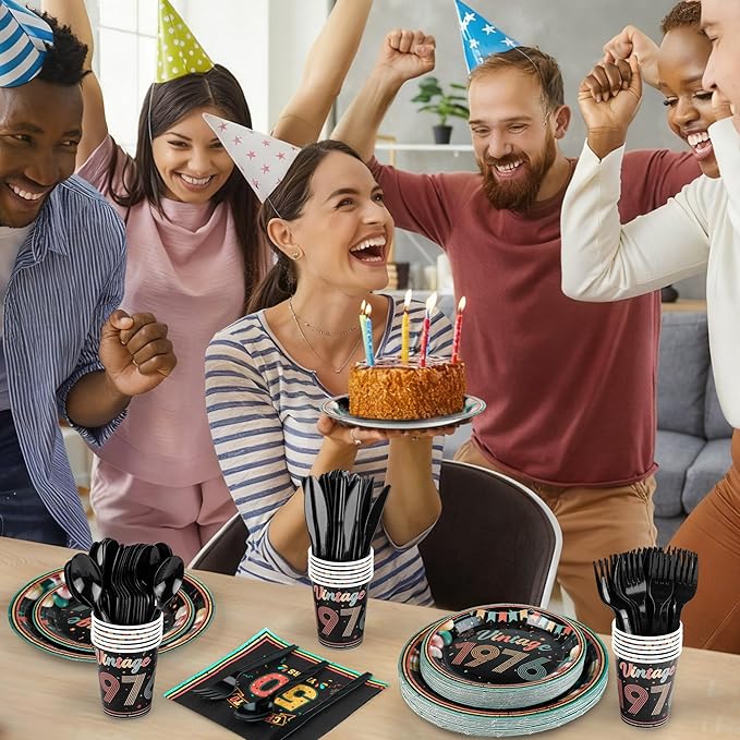 Kochorie 175 Pieces Vintage 50th Birthday Party Supplies Cheers to 50 Years Birthday Party Table Decoration Back in 1976 Tableware Set 7 Inch & 9 Inch Paper Plates Napkins Cups Cutlery Serves 25