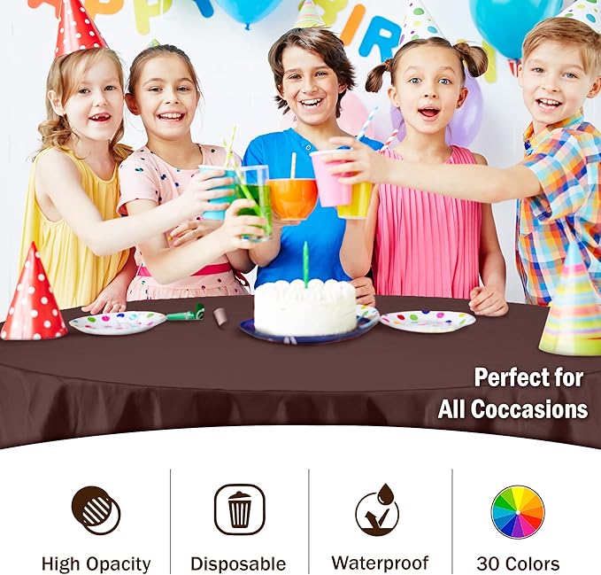 Exquisite Party Solids 6-Pack Premium Plastic Tablecloth 84in. Round Plastic Table Cover - Brown