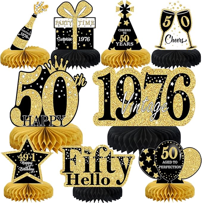 9 Pcs 50th Birthday Decorations Honeycomb Centerpieces for Women Men, Black Gold 1976 Aged to Perfection Vintage Centerpieces for Tables Toppers,Fifty Years Party Decorations Supplies