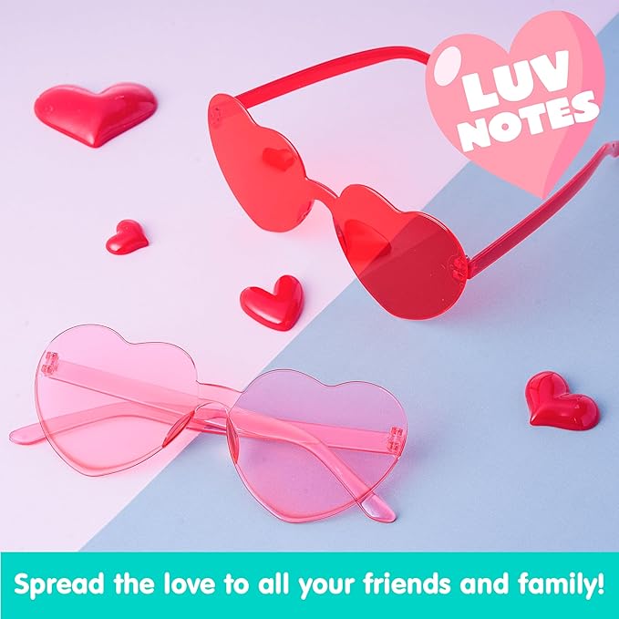 JOYIN 6 Pcs Valentine's Day Heart Shape Glasses, Rimless Sunglasses, Stylish and Safe Eyewear in Red and pink, Party Favor, Rainbow Sunglasses Candy Color Rimless Glasses for Women and Girl