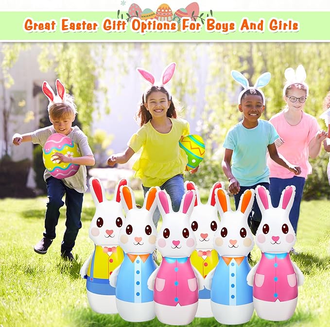 Shappy 12 Pcs 28 Inch Giant Inflatable Easter Bunny Bowling Set with Egg, Inflatable Easter Game for Kids Adults Family, 10 Pins and 2 Balls for Party Toys Indoor Outdoor Holiday Activities