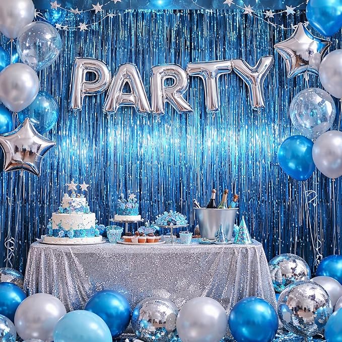 3.3 x 6.6 ft Foil Fringe Backdrop Curtains, Tinsel Streamers Party Decorations, Fringe Backdrop for Birthday, Baby Shower, Gender Reveal, Graduation (3, Retro Blue)