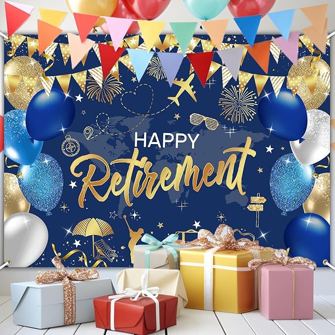 Mocsicka Retirement Party Decorations Blue and Gold Happy Retirement Backdrop Banner Retired Party Decorations Photo Booth Props (Blue Gold, 7x5ft)