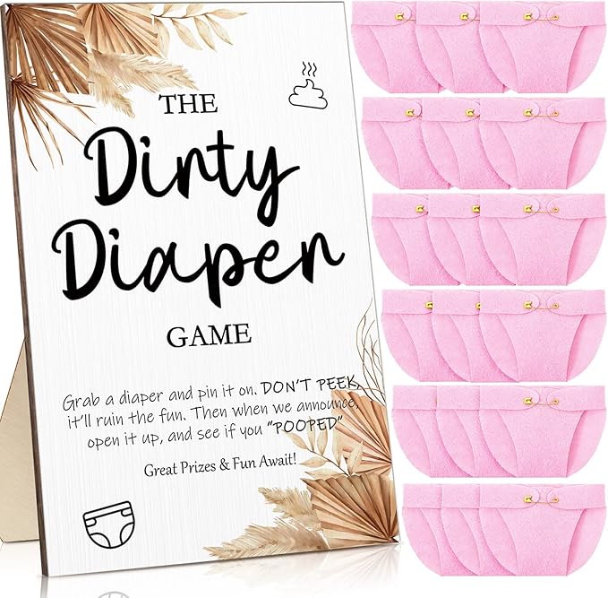 Roowest 51 Pcs Dirty Diaper Baby Shower Games Funny Wooden Sign with 50 Pcs Mini Diapers Cute Felt for Gender Reveal Party Baby Shower(Boho Pink)