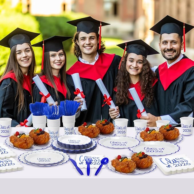 Class of 2026 Graduation Party Supplies, 175 Pcs Congrats Grad Paper Plates Napkins and Cups Cutlery Disposable Tableware Set for College High School Congrats Decorations, Serves 25(Blue)