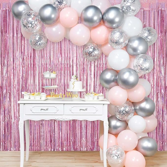 Pink Tinsel Foil Fringe Curtain Backdrop, 3.3 x 8.2 ft Metallic Glitter Curtain Streamers, 2 Pack Pink Photoboth for Birthday Bridal Shower Valentines Day Party Decorations