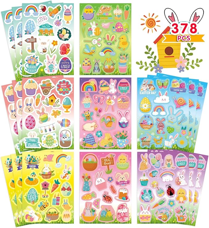 378 PCS Easter Stickers for Kids, Spring Stickers Assorted Easter Basket Stuffers,Teacher School Classroom Party Favors Supplies for Kids
