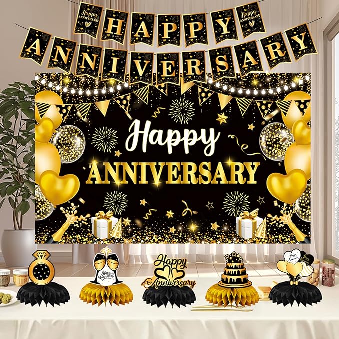 Happy Anniversary Decorations, Black and Gold Happy Wedding Anniversary Party Supplies - Happy Anniversary Banner,Backdrop 5.9 x 3.6Ft with 5pcs Honeycomb Centerpiece for Work Decorations