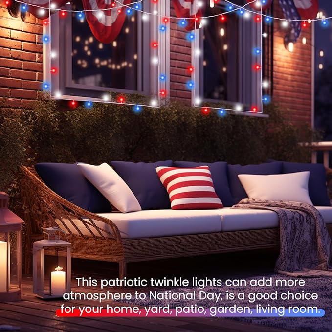 2 Pack Red White and Blue Battery Operated Fairy Lights, 33FT 100LED 4th of July String Lights with Timer, 8 Modes Waterproof Patriotic Twinkle Light Indoor Outdoor for Independence Day Memorial Day