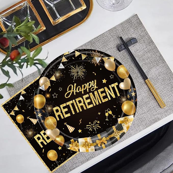 40Pcs Retirement Paper Plates and Napkins Party Supplies, Disposable Happy Retirement Decorations Party Plates Napkins Black Gold Tableware Set for Men Women