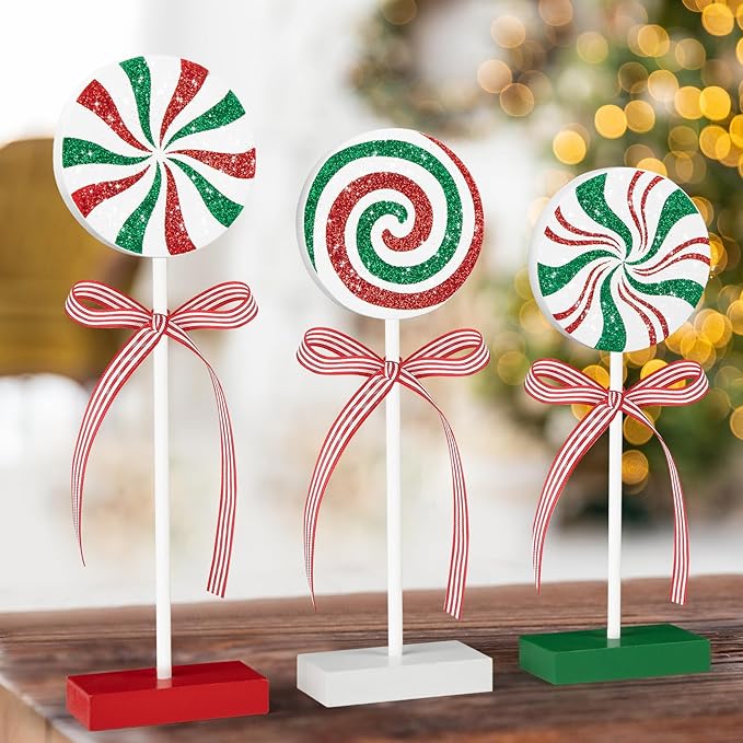 3 Pieces Christmas Table Decorations Wood Candy Set, Red and Green Christmas Tiered Tray Decor,Rustic Candy Table Decorations for Home Tables (Red and Green)