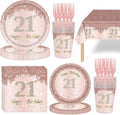 121Pcs 21st Birthday Party Supplies Plates Napkins Cups Forks Tablecloth Rose Gold Happy 21st Birthday Themed Disposable Tableware Decorations Serves 24 Guests for Women Her 21 Years