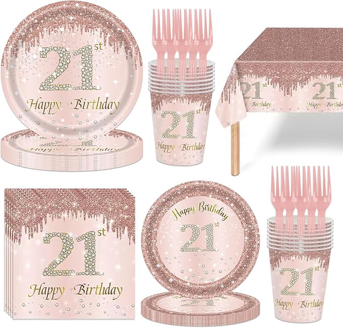 121Pcs 21st Birthday Party Supplies Plates Napkins Cups Forks Tablecloth Rose Gold Happy 21st Birthday Themed Disposable Tableware Decorations Serves 24 Guests for Women Her 21 Years