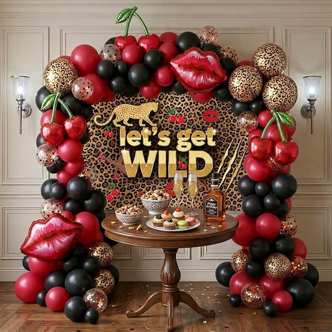 Red Black cheetah Balloon Garland Arch Kit Cherry Birthday Decorations with leopard print backdrop Cheetah Print Cherry mylar Balloons for Girl birthday Baby Shower Bachelorette Party supplies
