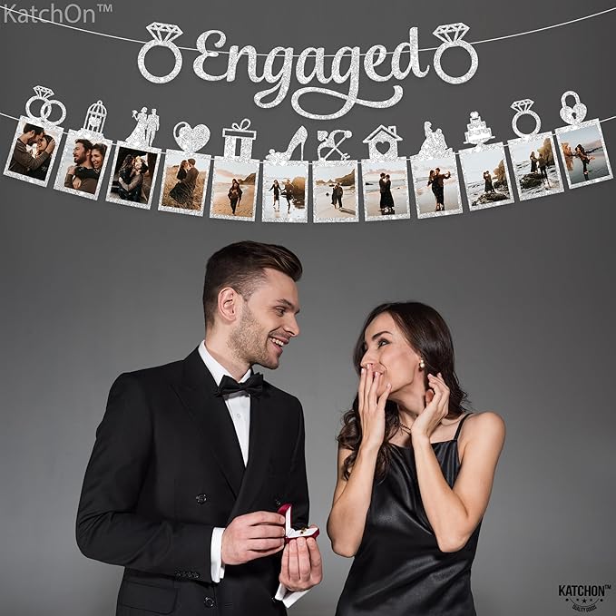 KatchOn, Silver Glitter Engaged Photo Banner - 2 String, 10 Feet, No DIY | Silver Engagement Party Decorations | Engagement Photo Banner for Bachelorette Party Decorations | She Said Yes Decorations