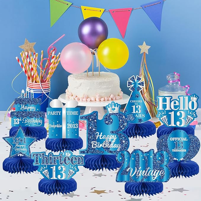 9Pcs 13th Birthday Decorations Blue Silver 13th Birthday Party Decorations for Teens Boys Girls,Happy 13 Years Birthday Honeycomb Centerpieces Table Sign Decor Supplies