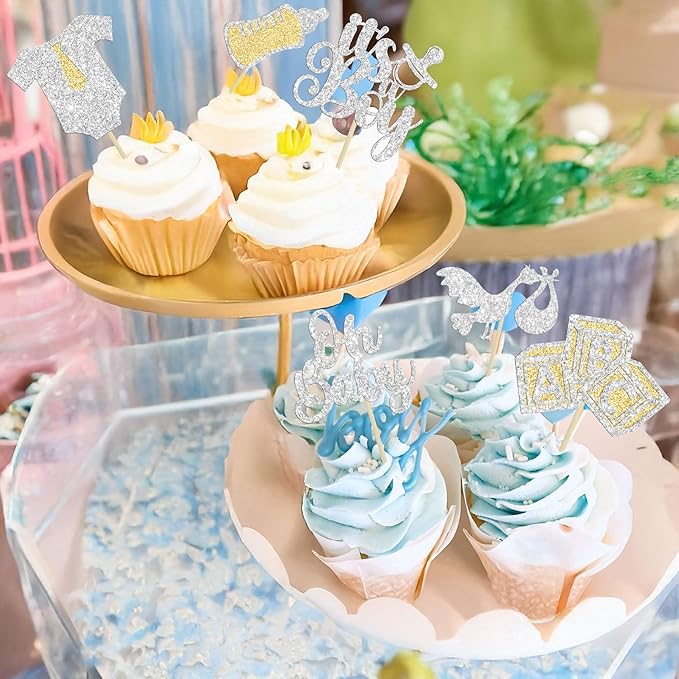 Gyufise 24Pcs Oh Baby Cupcake Toppers Glitter It's a Boy Cupcake Picks Tie Onesie Baby Bottle Baby Shower Cake Decorations for Gender Reveal Baby Shower Kids Boys Birthday Party Supplies Silver