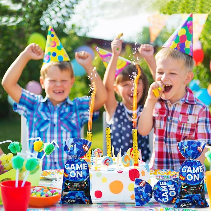 Pajean 100pcs Video Game Plastic Loot Bags Game on Favor Goody Candy Treat Bags for Themed Birthday Party(Blue)