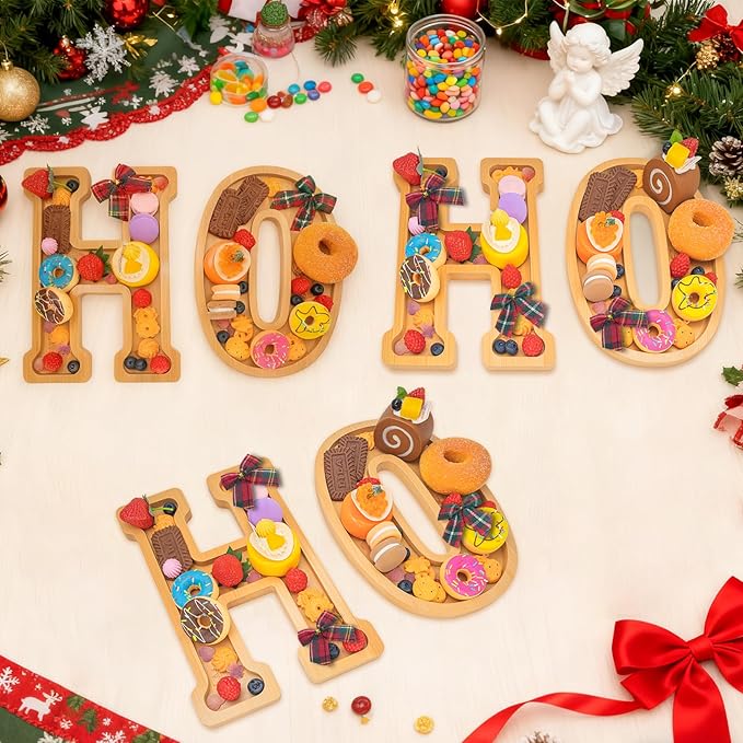 6PCS Bamboo Christmas Decorations Letters Charcuterie Board Box-(with 14 Balloons and Bow) HOHOHO Charcuterie Letters Fillable Food Christmas Party Supplies Table Decoration Food Tray Platter