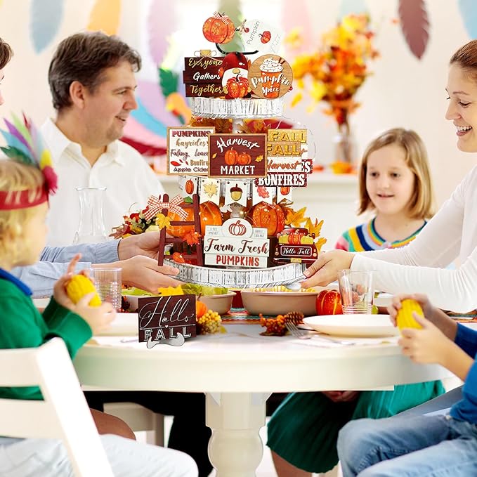 14 Pcs Thanksgiving Tiered Tray Decorations Set Rustic Fall Thanksgiving Pumpkin Tiered Tray Decor Farmhouse Pumpkin Truck Spice Blocks Autumn Winter Wooden Sign for Christmas Halloween