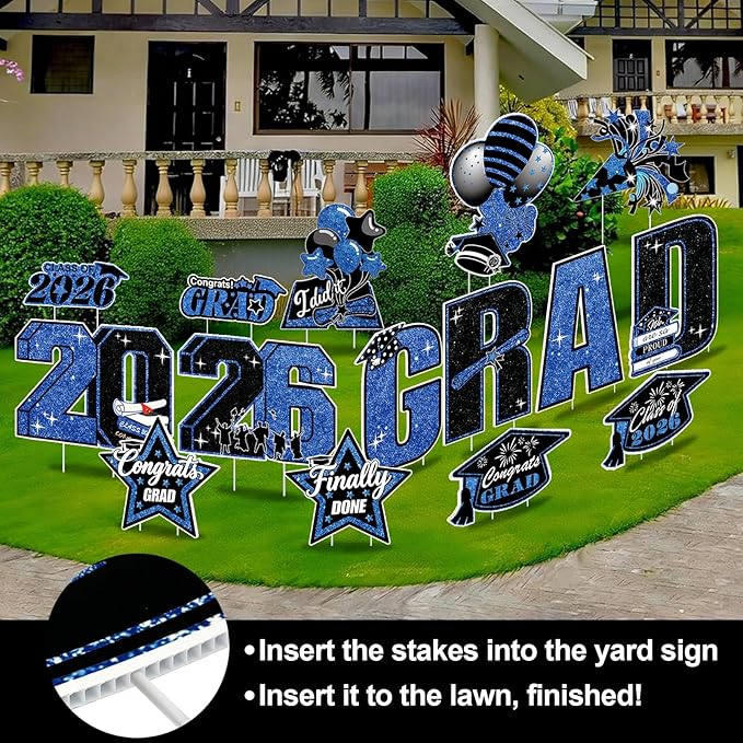 15 PCS Graduation Yard Signs Class of 2026 Decorations, 2026 Graduation Decorations - Large 4FT Tall Congrats Grad Lawn Sign Set with H-Stake & Fiberglass Rods, Waterproof Outdoor & Indoor Graduation Party Decor,Blue and Black