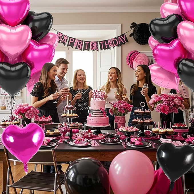 TONIFUL 30Pcs 18 Inch Black Pink Hot Pink Balloons Heart Shape Foil Mylar Banners Decoration for Birthday Valentine's Day Wedding Bridal Shower Anniversary Engagement Party Supplies